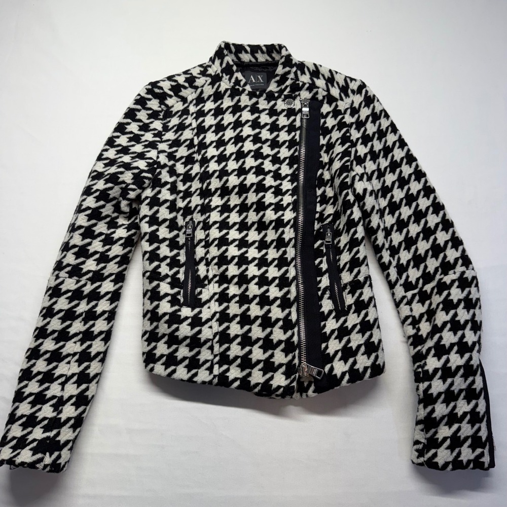 Armani‎ Exchange Houndstooth Moto Jacket XS Wool Blend Quiet Luxury Zip Coat